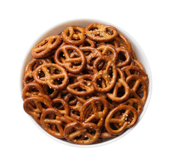 Delicious pretzel crackers in bowl isolated on white, top view