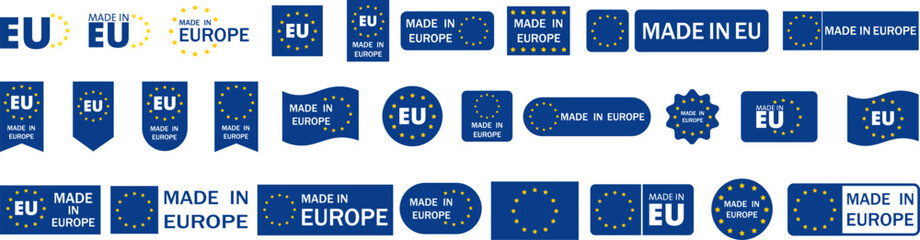 Made in Europe badges and emblems set collection illustrations. Made in EU banner.Made in Europe. EU product.