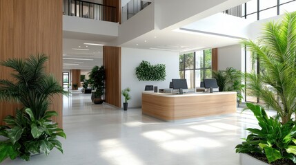 Fototapeta premium An expansive reception area is bathed in sunlight, featuring a wooden desk contrasted with lush green plants, creating a welcoming and open atmosphere.