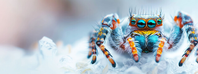 Fototapeta premium Vibrant details of a peacock spider on a light surface showcasing its colorful abdomen