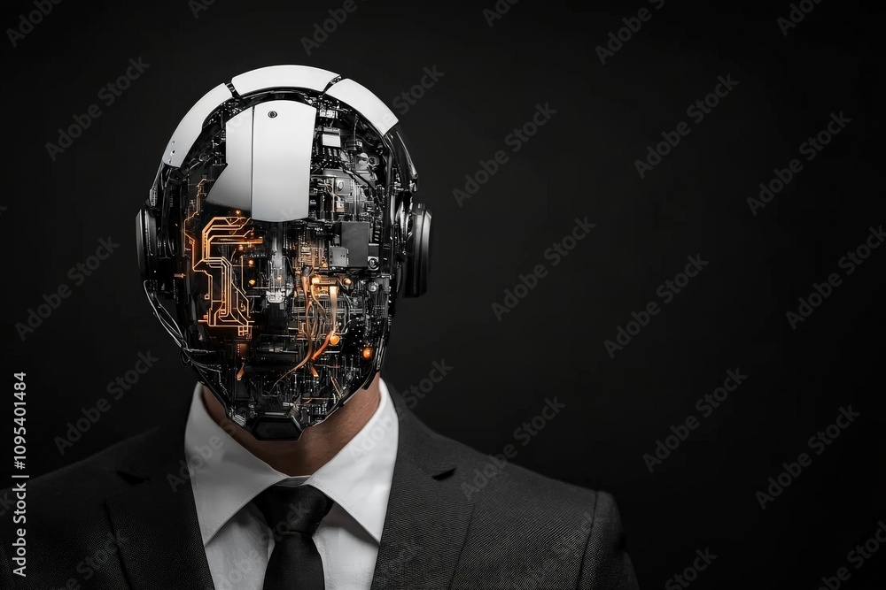 Poster a robot wears a business suit, displaying exposed circuits and mechanical components, representing a