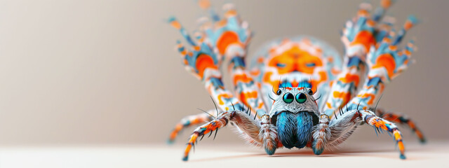 Colorful peacock spider displaying its vibrant fan on a neutral surface in soft lighting