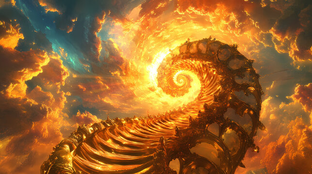 A golden staircase spirals to a radiant sun amid vibrant skies, guiding travelers to enlightenment. Golden Spiral Staircase. Illustration