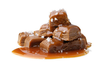 Tasty candies with salted caramel isolated on white
