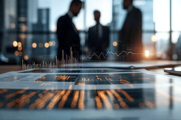 Silhouettes of business professionals at a meeting table, overlaid with digital data holograms and charts, indicating strategic planning and analysis.