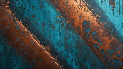 A vibrant blend of blue and rust colors on a weathered wall showcasing artistic decay