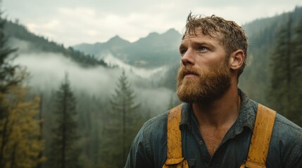 Pensive Lumberjack in Misty Forest Landscape