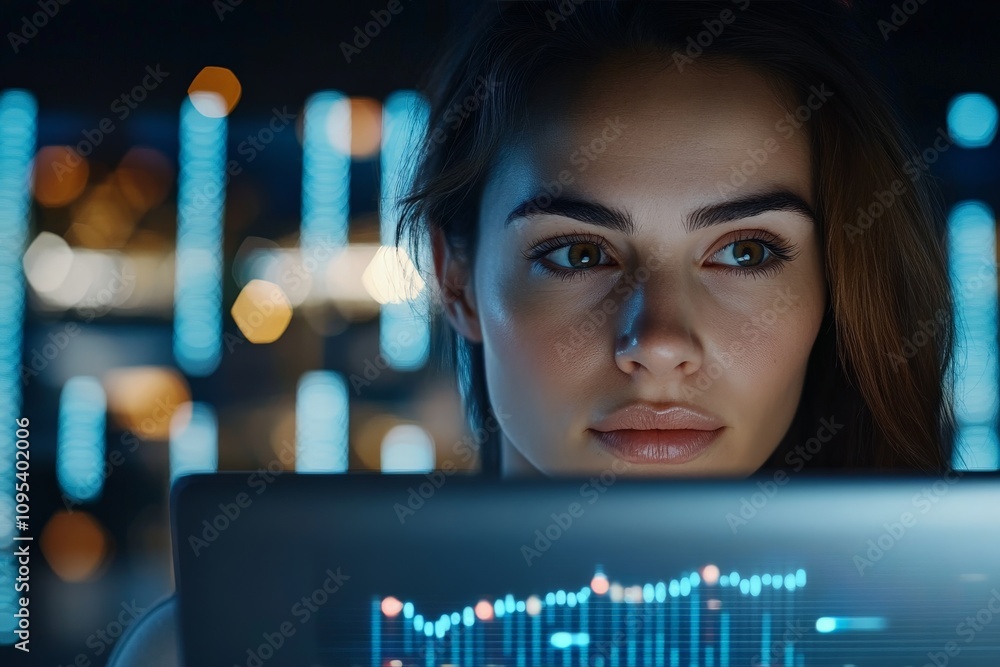 Poster a woman intently working on a computer, surrounded by glowing blue graphs and data visuals, reflecti