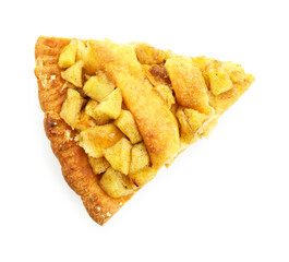 Slice of homemade apple pie isolated on white, top view