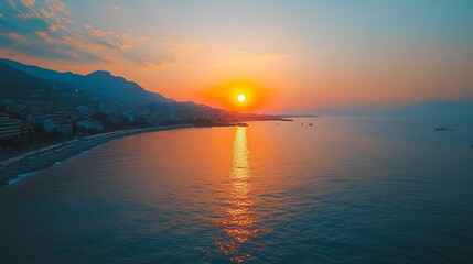 Obraz premium Stunning sunset over coastal town and sea.
