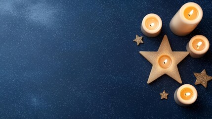 Hanukkah symbol tradition heritage concept. A serene arrangement of candles and stars on a dark blue background, creating a tranquil and inviting atmosphere.