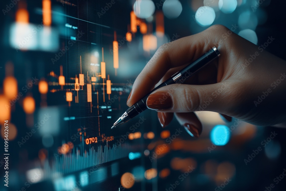 Aufkleber a close-up view of a person's hand holding a pen, analyzing glowing digital financial chart data wit
