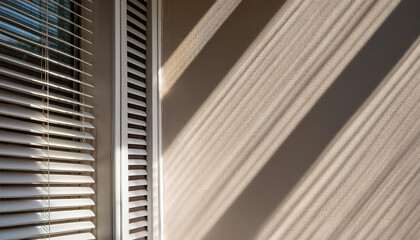 Sunlight filtering through venetian blinds casts beautiful, abstract shadows on a beige wall, creating an interesting interplay of light and shade
