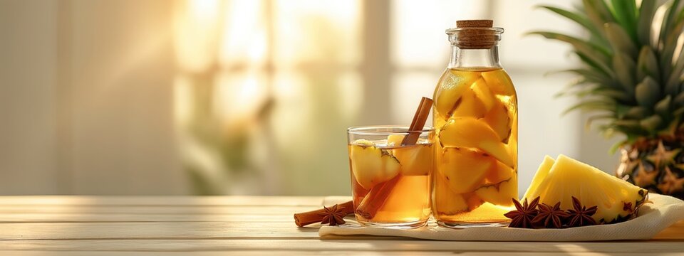 Refreshing homemade tepache with pineapple and cinnamon in natural light