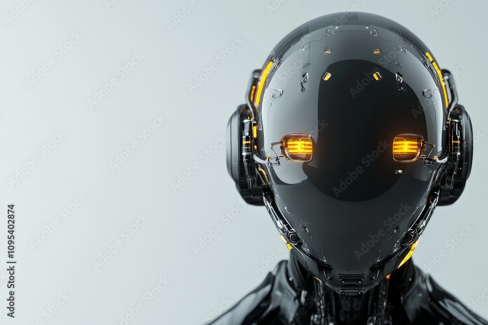Poster a highly advanced black robot with a sleek design and glowing orange eyes stares forward, embodying 