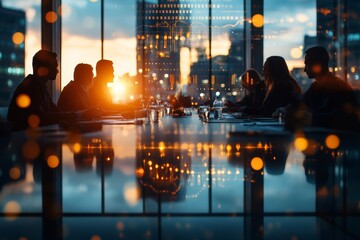 A group of professionals in a boardroom meeting, silhouetted against a sunset backdrop, with digital data charts and graphs overlaying the scene.