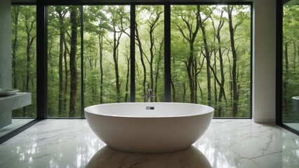 Fototapeta premium A serene bathroom oasis surrounded by lush greenery showcases tranquility and modern design