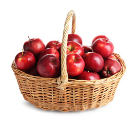 Fresh ripe red apples in wicker basket isolated on white