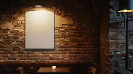 Intimate bar atmosphere  a white poster against a textured brick wall in soft dim lighting