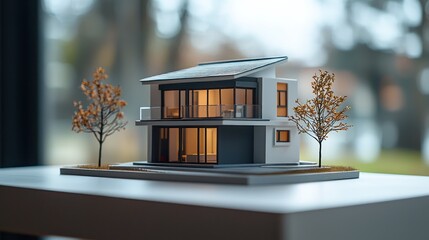A house model for sale on a white table, symbolizing the real estate market and the home purchasing process.