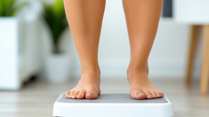 Close-up view of feet standing on a modern digital scale in a minimalist home interior, highlighting themes of everyday health tracking and personal well-being care.
