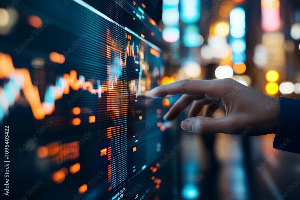 Aufkleber a hand interacts with a digital screen displaying colorful financial graphs and charts, symbolizing 