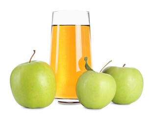 Tasty apple juice in glass and fresh fruits isolated on white