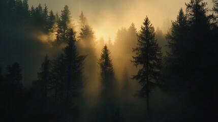 Misty sunrise illuminating silhouettes of tall pine trees in a forest.