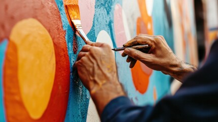The hands of an artist painting a mural depicting social equality on a city wall, Reflecting activism and urban artistry, close-up photography style