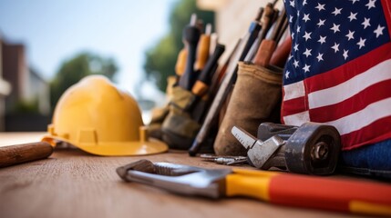 A collection of tools and yellow safety helmet are arranged against a backdrop featuring the American flag, capturing a scene of hard work and national pride.