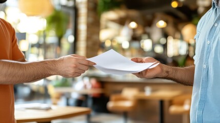 A person hands over a set of documents to another person in a modern office environment, symbolizing collaboration and professional interaction.
