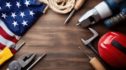 A collection of tools including pliers, screwdriver, drill, and an American flag are arranged on a wooden surface, symbolizing industry and patriotism.