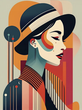 Retrato de Mulher, Desenho fineart, misturando estilos cl&aacute;ssicos com boho chic, estilo cubismo, tons suaves, linhas retas, minimalista, com poucos elementos. Colorido. Ilustra&ccedil;&atilde;o.