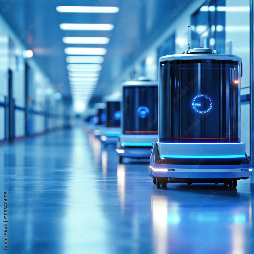 Poster futuristic robots navigate a sleek, modern corridor, showcasing advanced automation in a cutting-edg