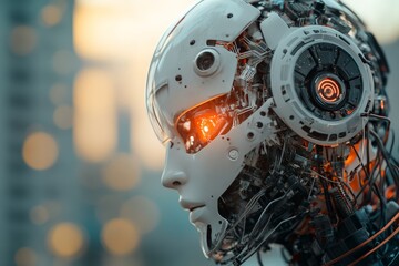 Fototapeta premium This image depicts a highly detailed futuristic cyborg with a glowing eye, set against a blurred cityscape background, suggesting advanced technology.