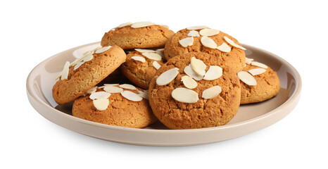 Tasty cookies with almond flakes isolated on white