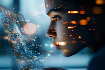 A woman closely observes a laptop screen showing code, interlaced with digital overlays and glowing lights, illustrating technology and focus in a futuristic setting.