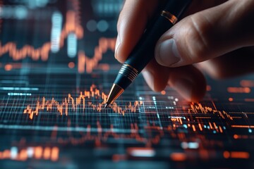 A close-up of a hand holding a pen, pointing at a detailed digital graph on a screen covered in data overlays, representing financial analysis and decision making.