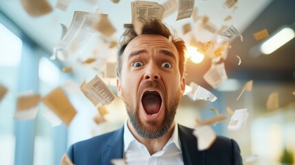 A man, visibly stressed, exclaims as paper sheets flutter around him in an office setting, capturing the essence of frustration and emotional overwhelm effectively.