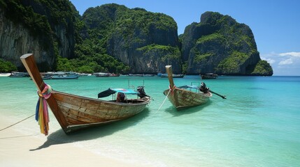 Serene Thai Island Escape: Longtail Boats in Turquoise Waters