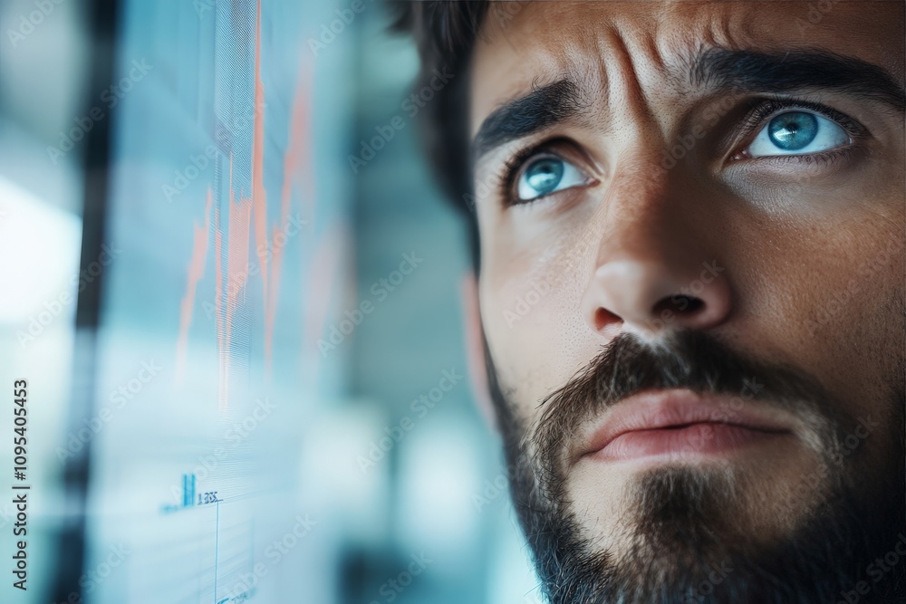 Poster a man with a thoughtful expression critically examines data on a digital screen, representing analyt