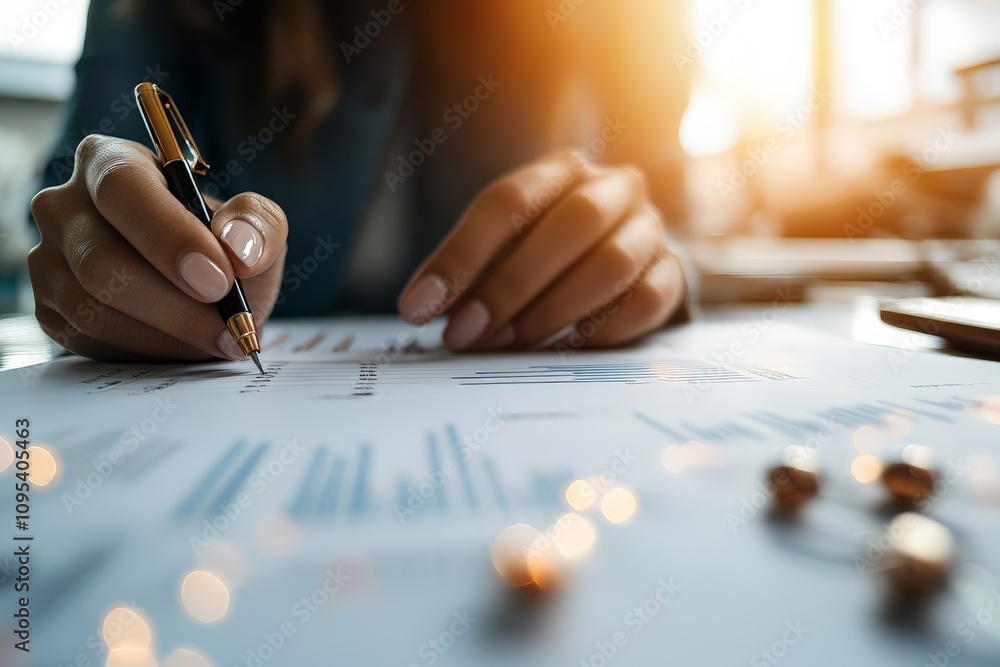 Poster a close-up of hands diligently writing and analyzing documents, emphasizing precision and expertise 