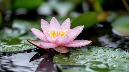 A delicate pink water lily adorned with dewdrops rests serenely on green lily pads, beautifully capturing a tranquil moment in nature's aquatic haven.