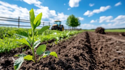 A tractor is seen in the background of a fertile farming field with young plants growing, symbolizing agriculture and mechanized farming in a lush environment.
