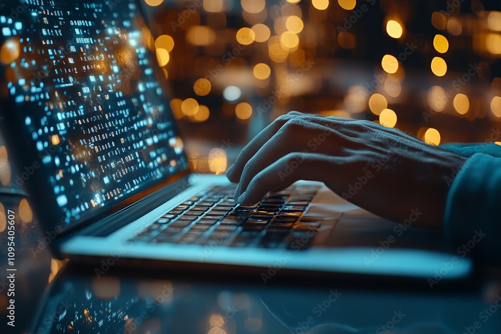 Poster a close-up of a laptop screen displaying code, set against a blurred backdrop of glowing city lights