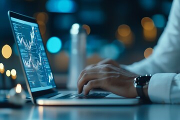 A professional meticulously analyzes financial graphs on a laptop, with a background of blurred lights, showcasing the art of data-driven decision-making.