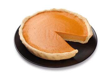 Tasty homemade pumpkin pie isolated on white