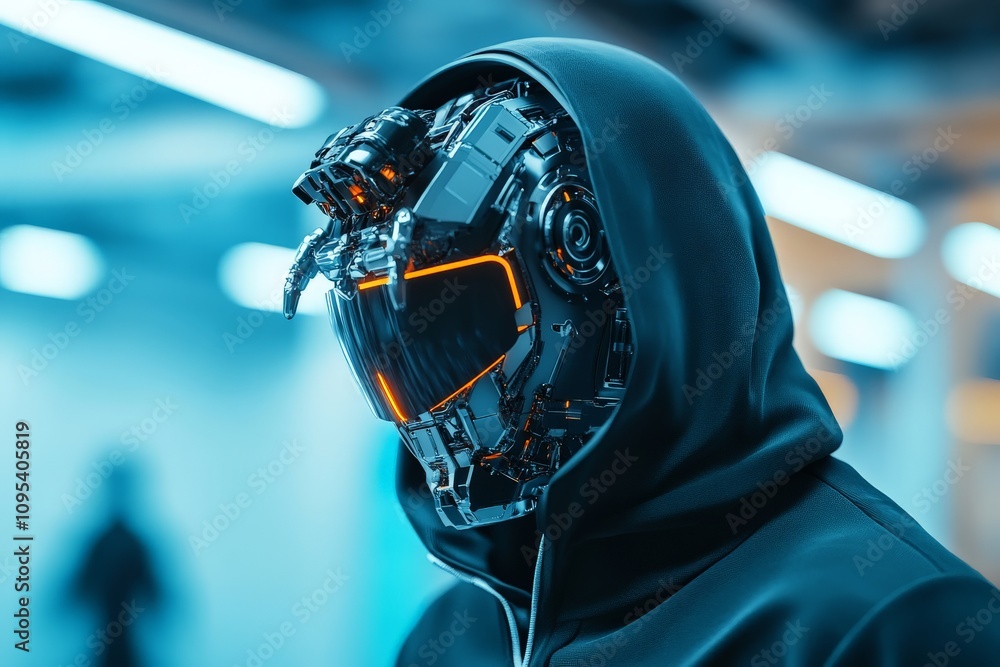 Poster a high-tech robot with a hood presents a futuristic look, combining sleek design and advanced techno