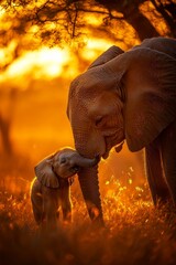 Close-up of an elephant gently tenderly caressing her calf with her trunk with a protective posture