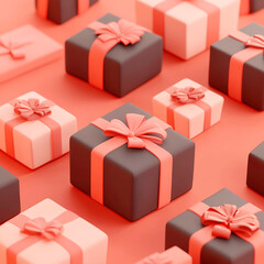 3D illustration, gifts in boxes tied with ribbons